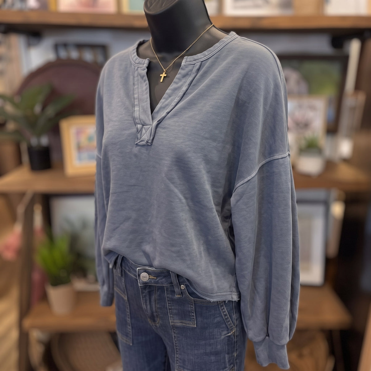 Notch Neck Crop Top | Ash Blue — Angled view on mannequin