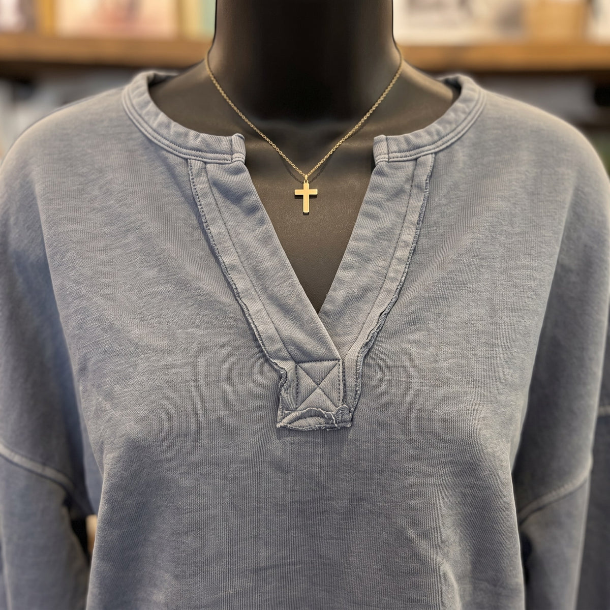 Notch Neck Crop Top | Ash Blue — Fabric and detail close-up