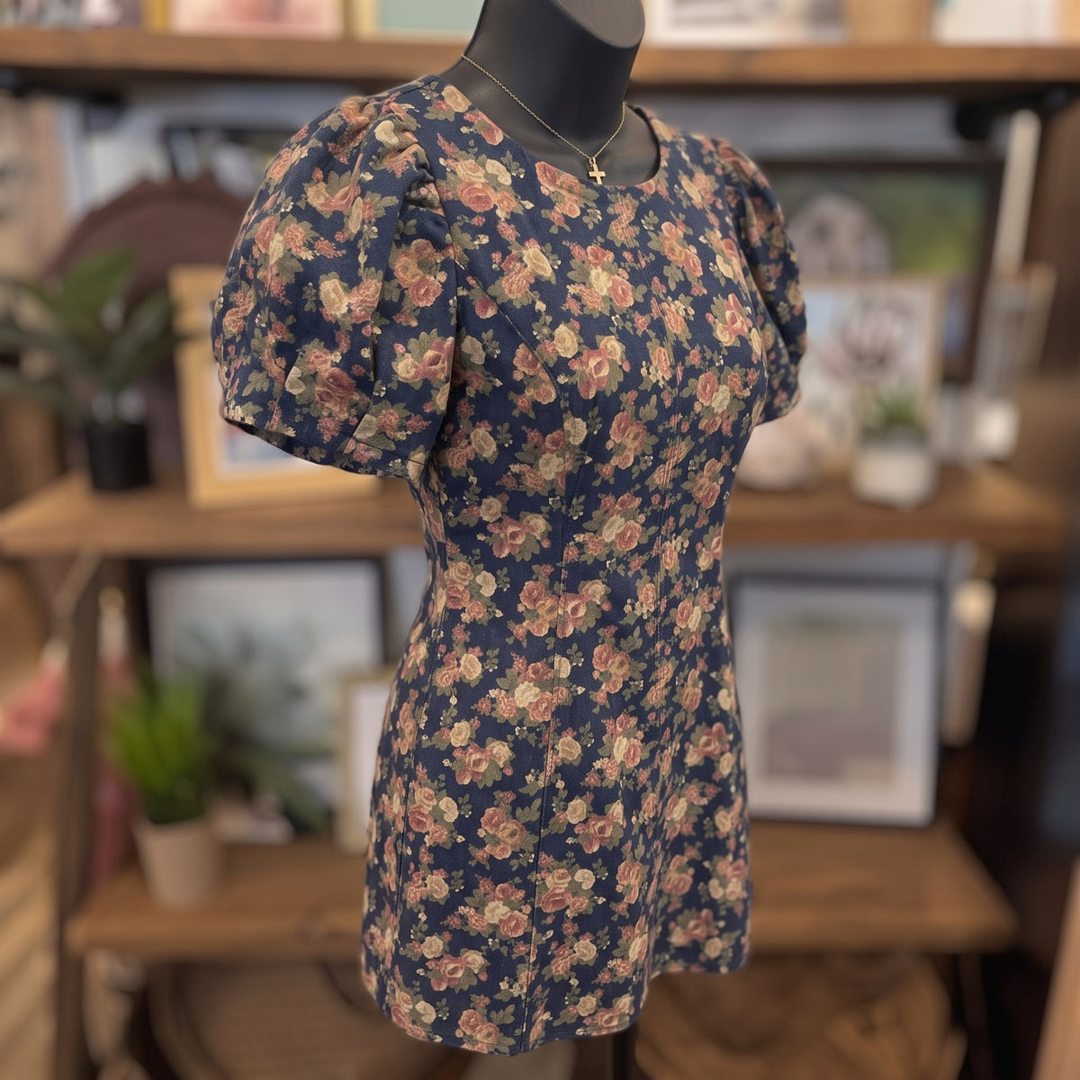 Floral Denim Mini Dress | Denim Multi — Angled view on mannequin