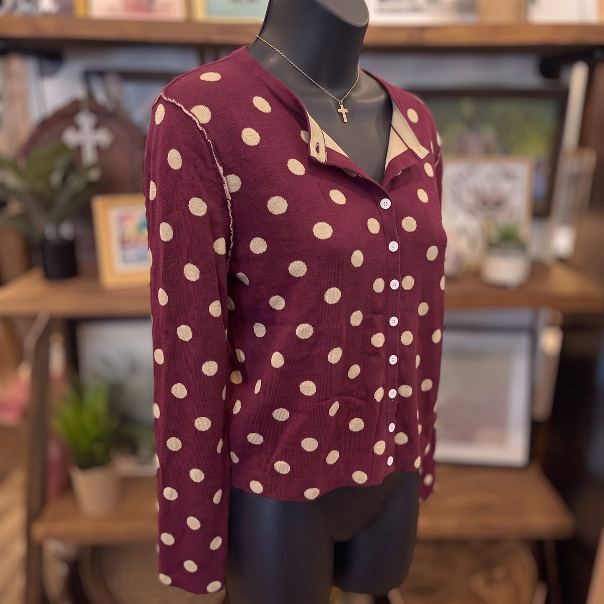 Reversible Polka Dot Sweater Cardigan | Merlot Oatmeal — Angled view on mannequin