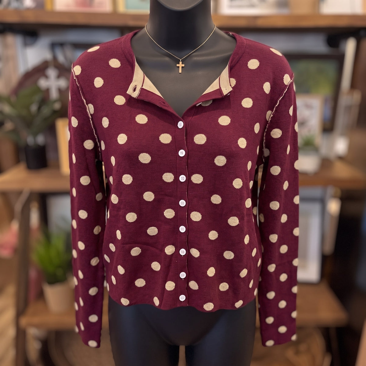 Reversible Polka Dot Sweater Cardigan | Merlot Oatmeal — Front view on mannequin
