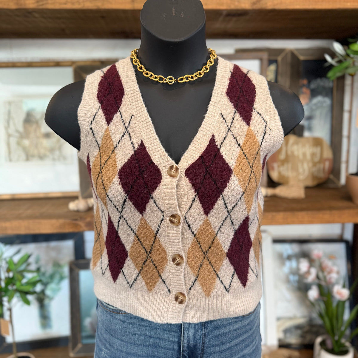 Argyle Pattern Button Down Knit Cardigan Vest Light Khaki – The