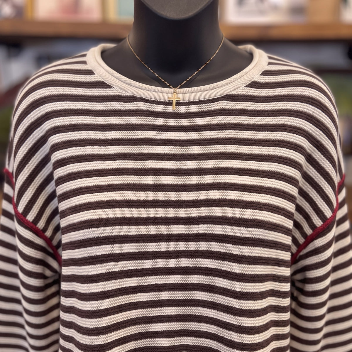 Stripe Raw Edge Knit Sweater | Ivory — Detail close-up