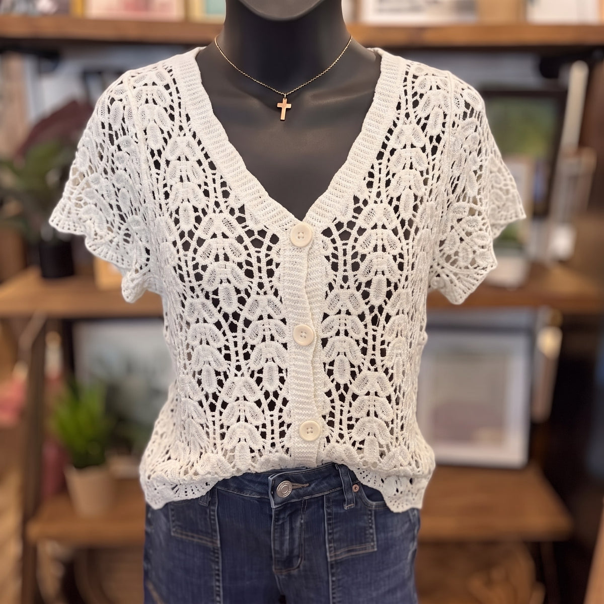 Crochet Short Sleeve Button Down Crop Cardigan | Natural — Front view on mannequin