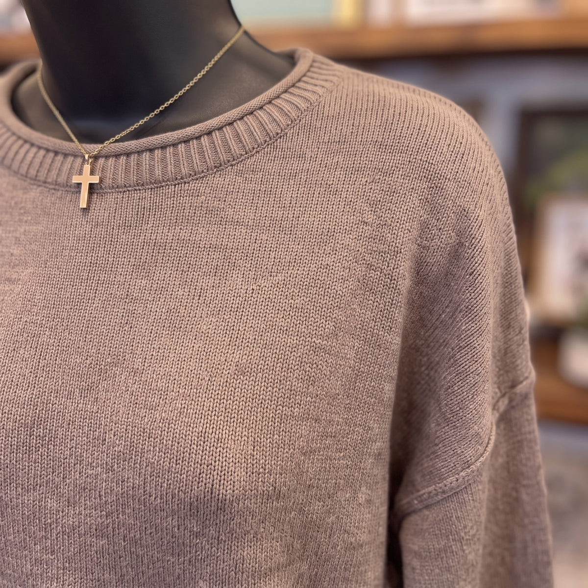 Boat Neck Relaxed Knit Sweater | Mocha — Detail close-up