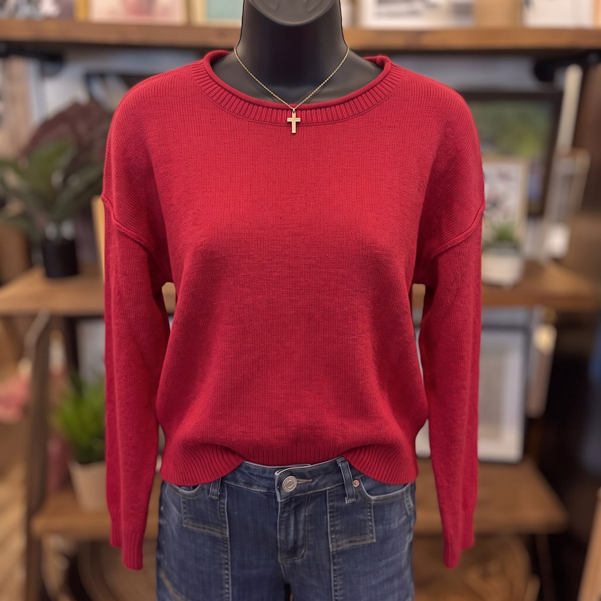 Boat Neck Relaxed Knit Sweater | Red — Front view