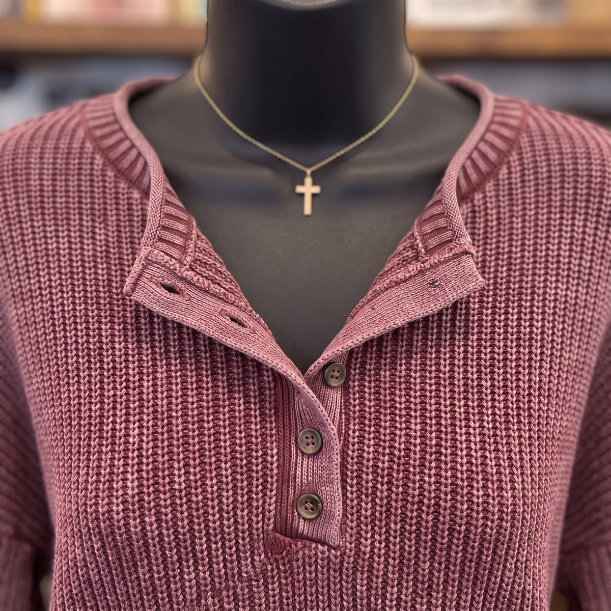 Washed Ribbed Henley Sweater | Burgundy — Detail close-up