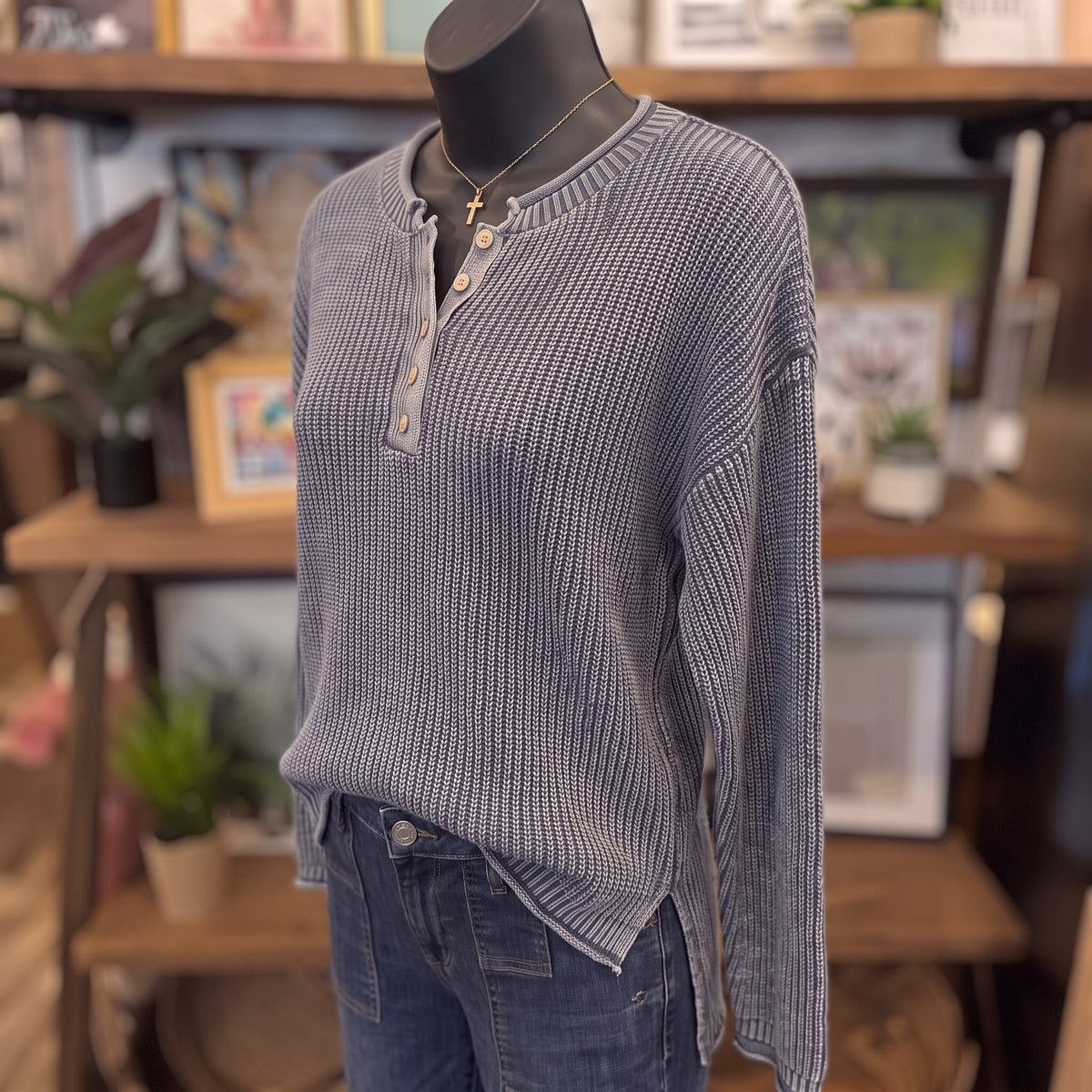 Washed Ribbed Henley Sweater | Indigo — Angled view