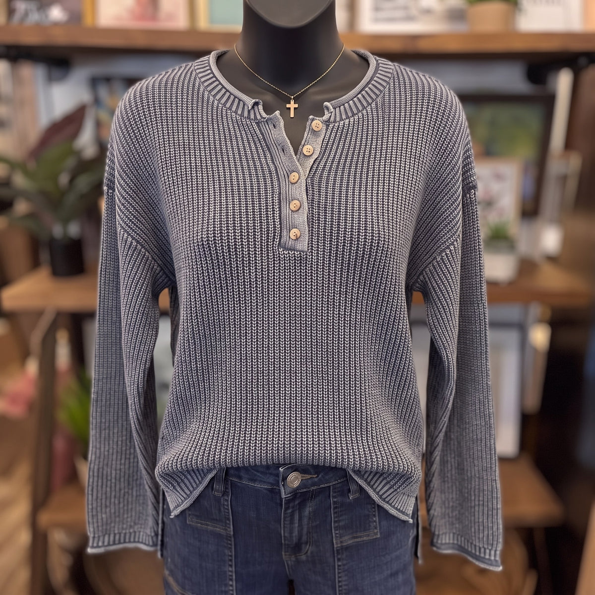 Washed Ribbed Henley Sweater | Indigo — Front view