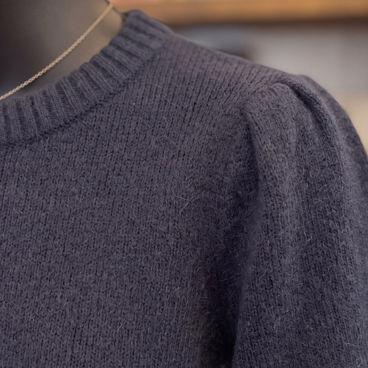 Puff Shoulder Cropped Sweater | Navy — Detail close-up
