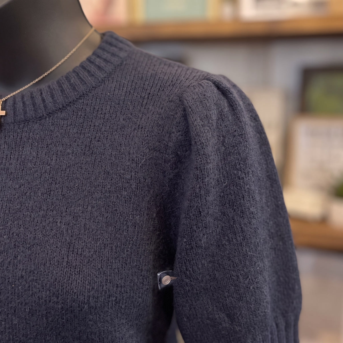 Puff Shoulder Cropped Sweater | Navy — Detail close-up