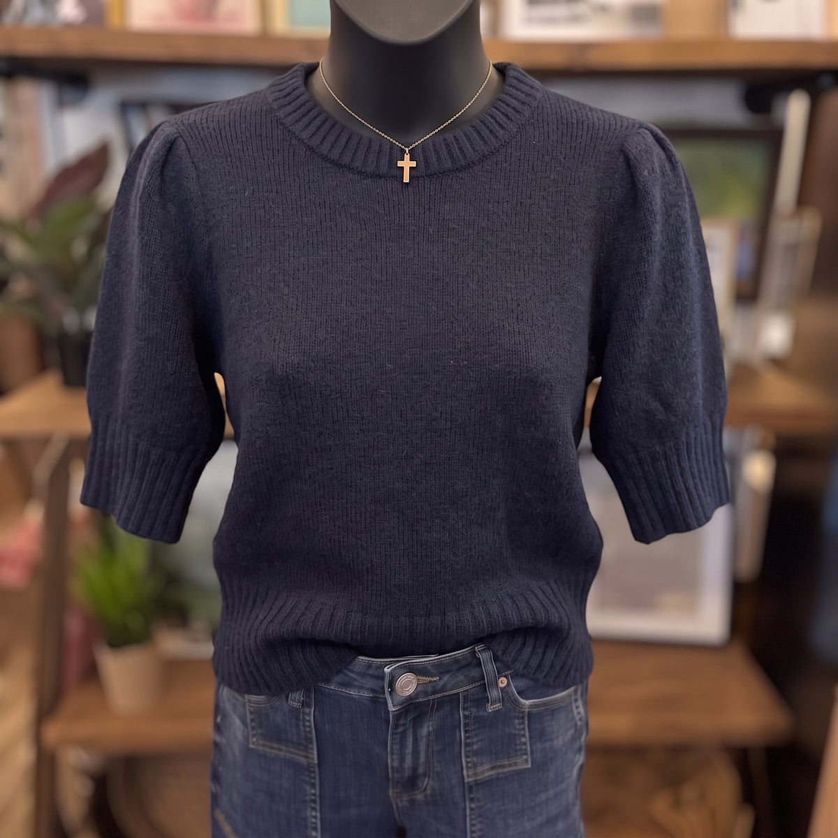 Puff Shoulder Cropped Sweater | Navy — Front view