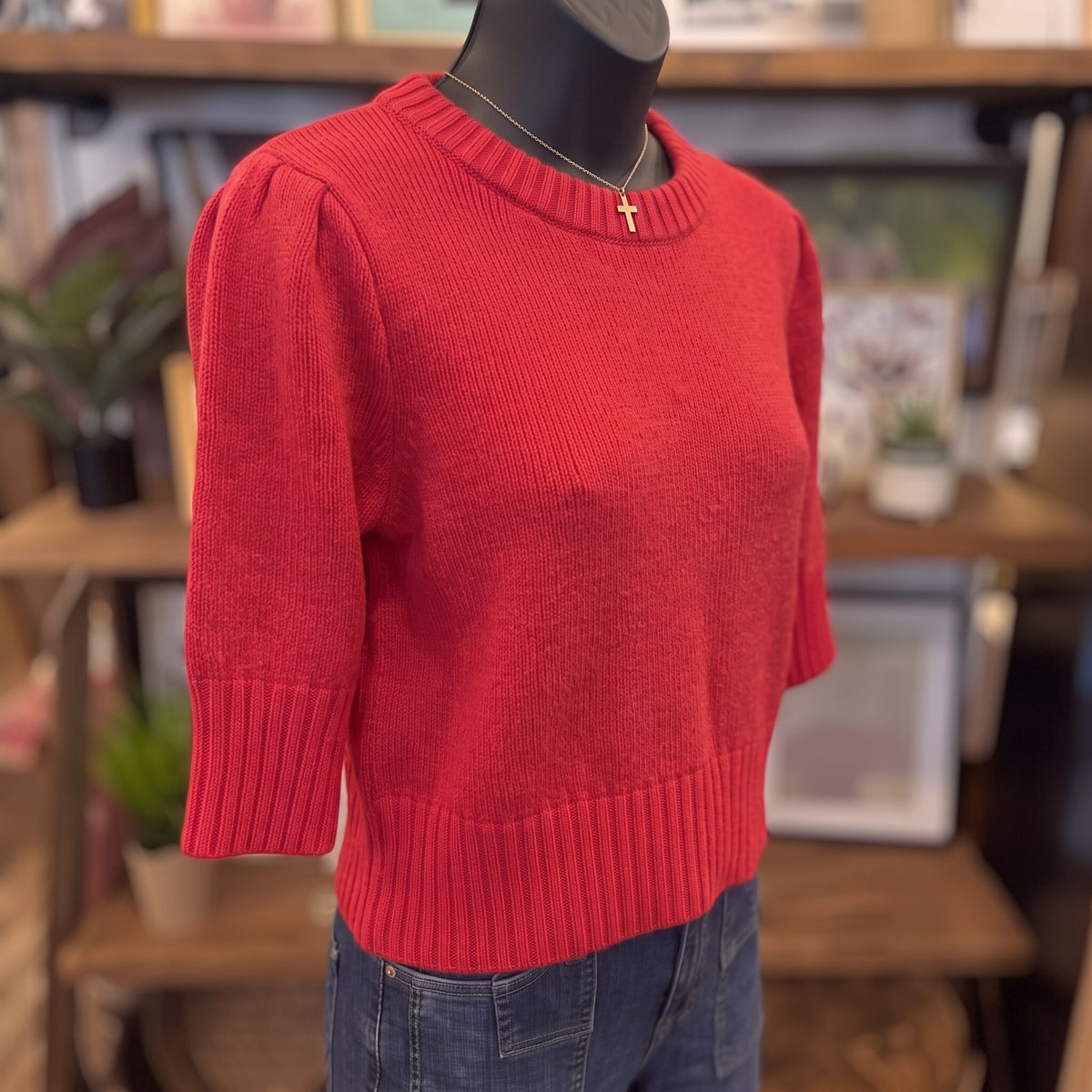 Puff Shoulder Cropped Sweater | Red — Angled view