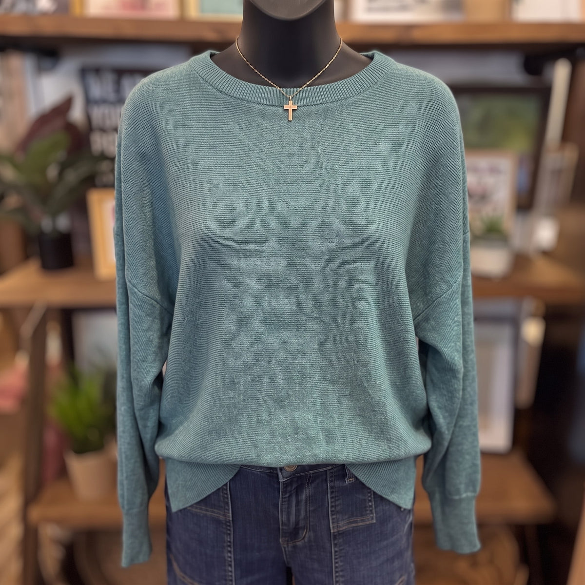 Be Cool Ultra Soft Dolman Sleeve Boat Neck Sweater Top | Teal Green — Front view