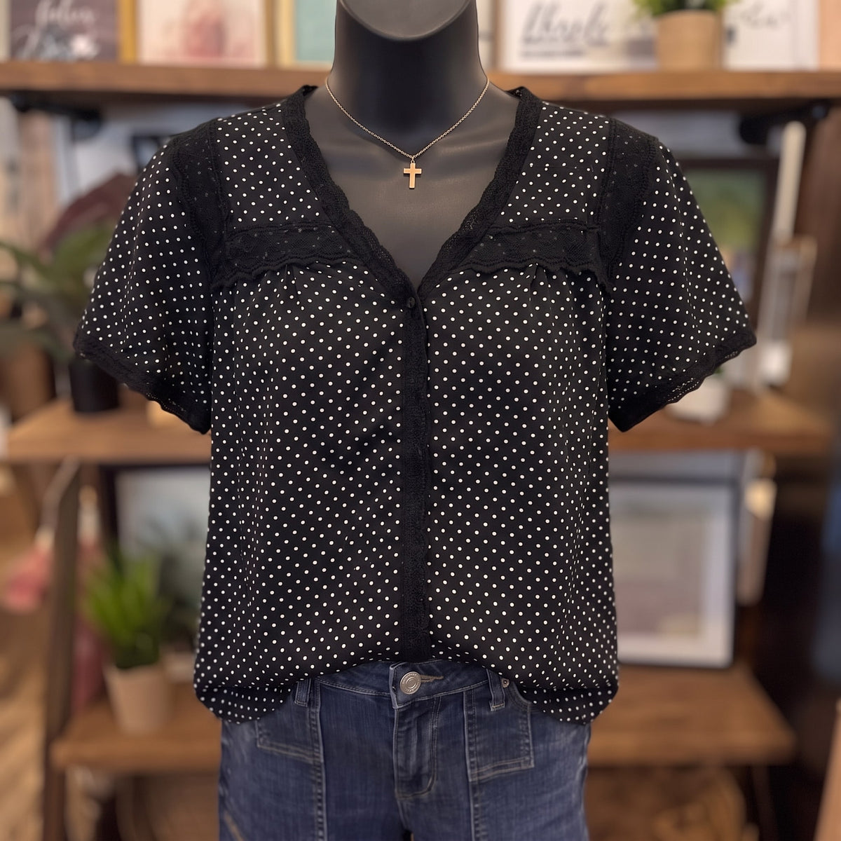 Delaney Polka Dot Lace Blouse | Black — Front view