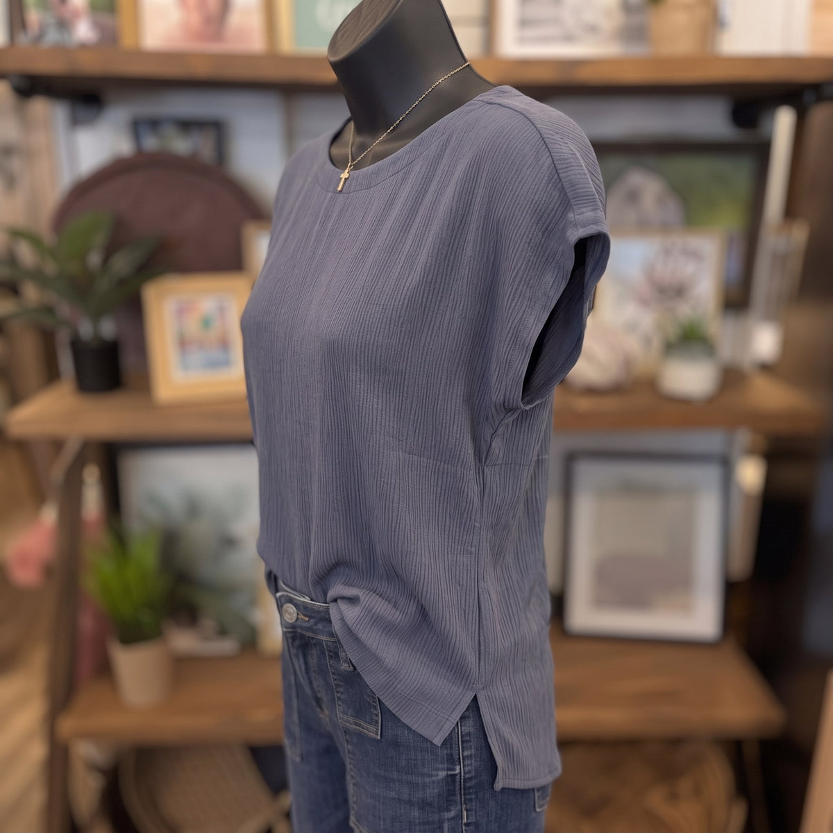 Crinkle Plisse Relaxed Top | Dark Denim — Angled view on mannequin