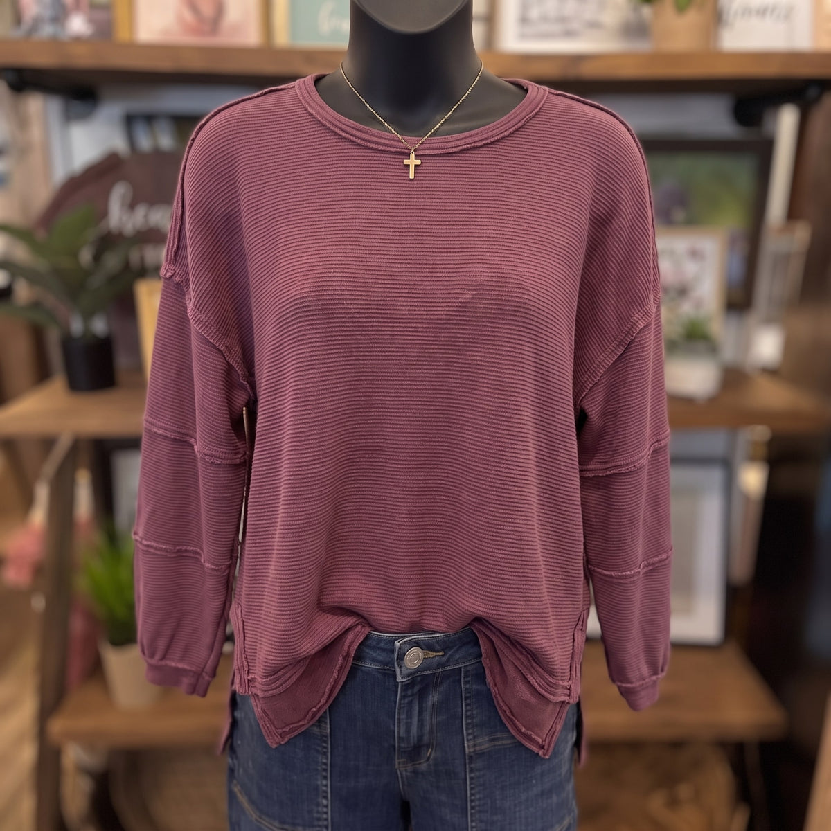 Exposed Seam Detail Long Sleeve Knit Top | Maroon — Front view on mannequin