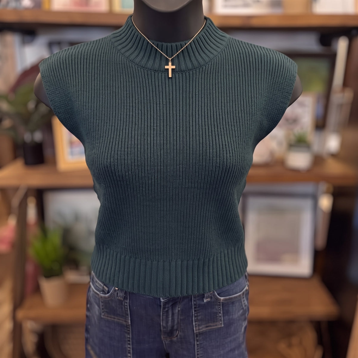 Mock Neck Extended Shoulder Knit Pullover Sweater | Forest Green — Front view