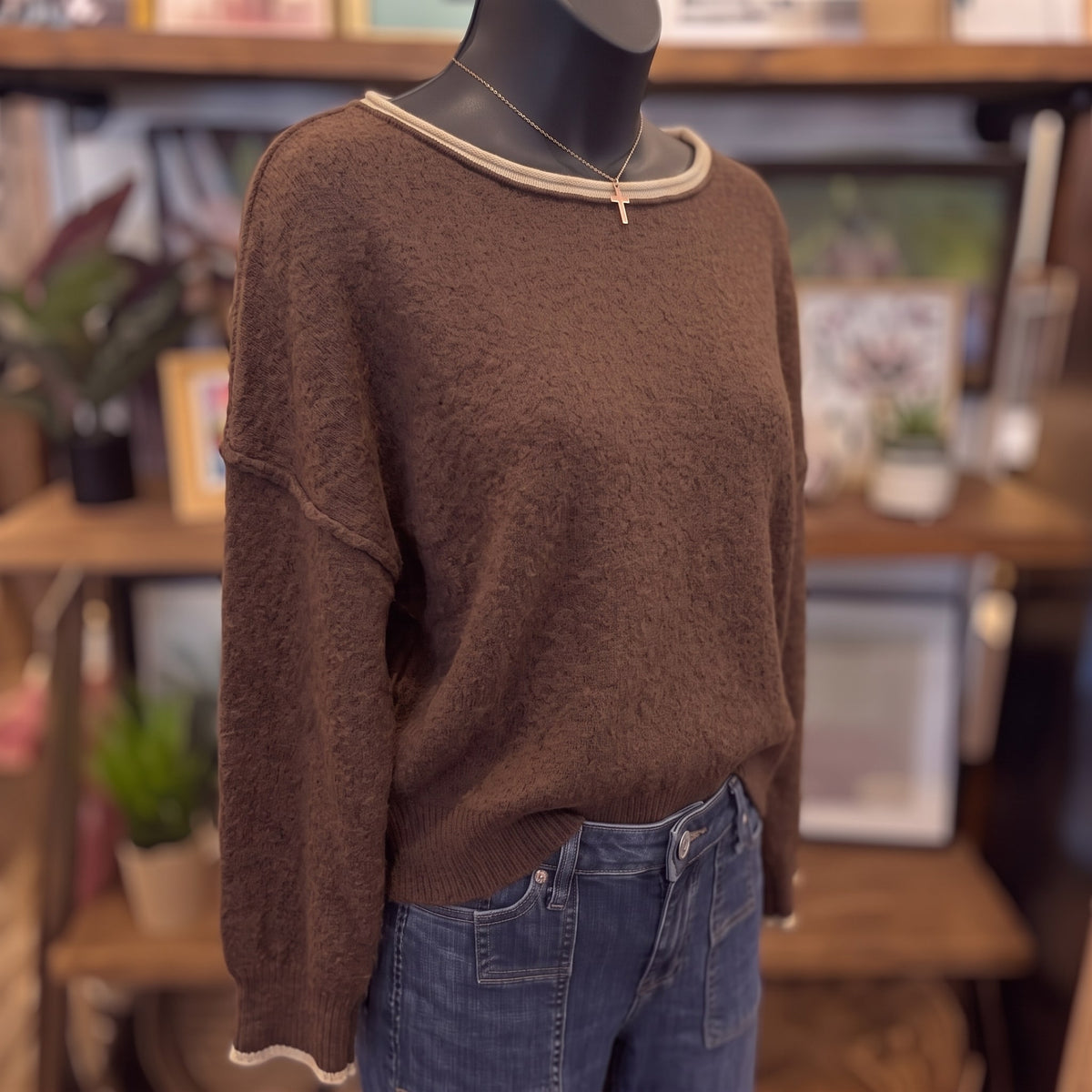 Contrast Trim Off Shoulder Long Sleeve Sweater | Brown — Angled view