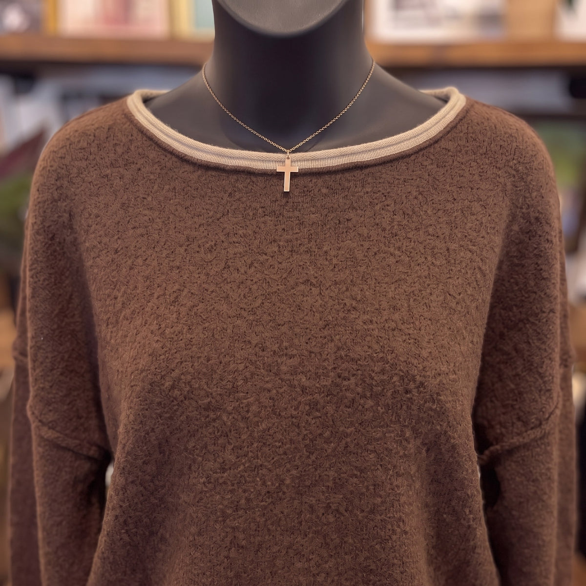 Contrast Trim Off Shoulder Long Sleeve Sweater | Brown — Detail close-up