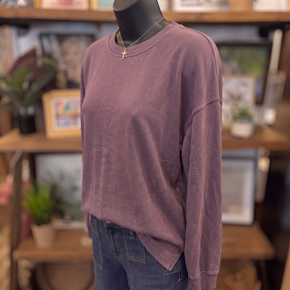 Washed Crew Neck Long Sleeve Knit Top | Maroon — Angled view on mannequin