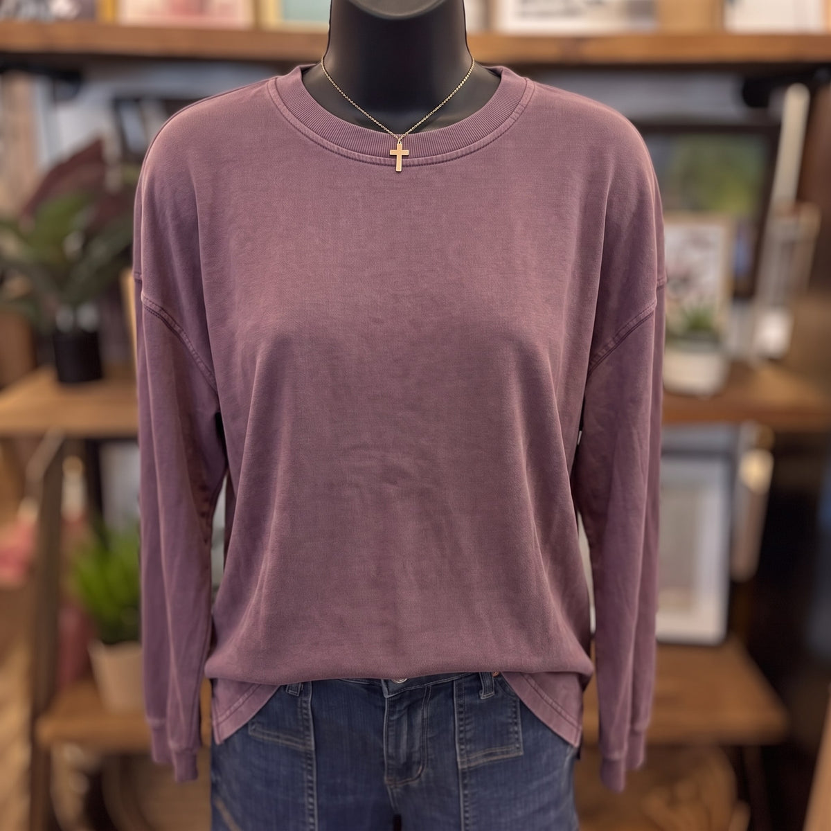 Washed Crew Neck Long Sleeve Knit Top | Maroon — Front view on mannequin