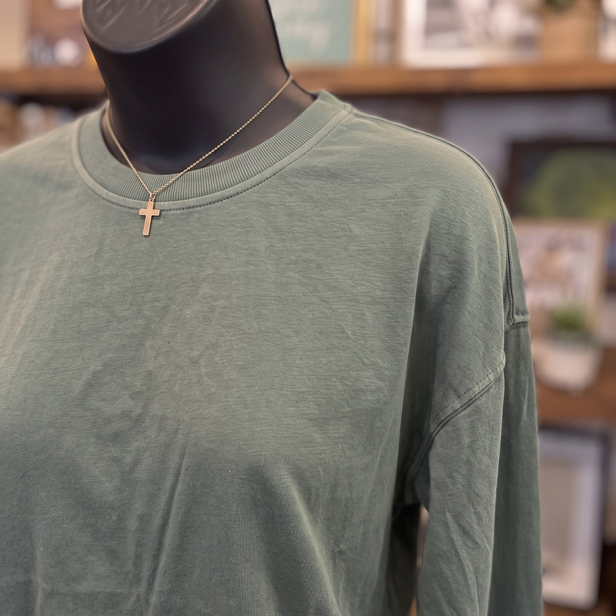 Washed Crew Neck Long Sleeve Knit Top | Dusty Green — Fabric and detail close-up