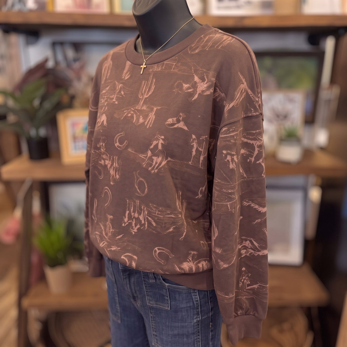 Western Print Crew Neck Long Sleeve Knit Top | Brown Multi — Angled view on mannequin