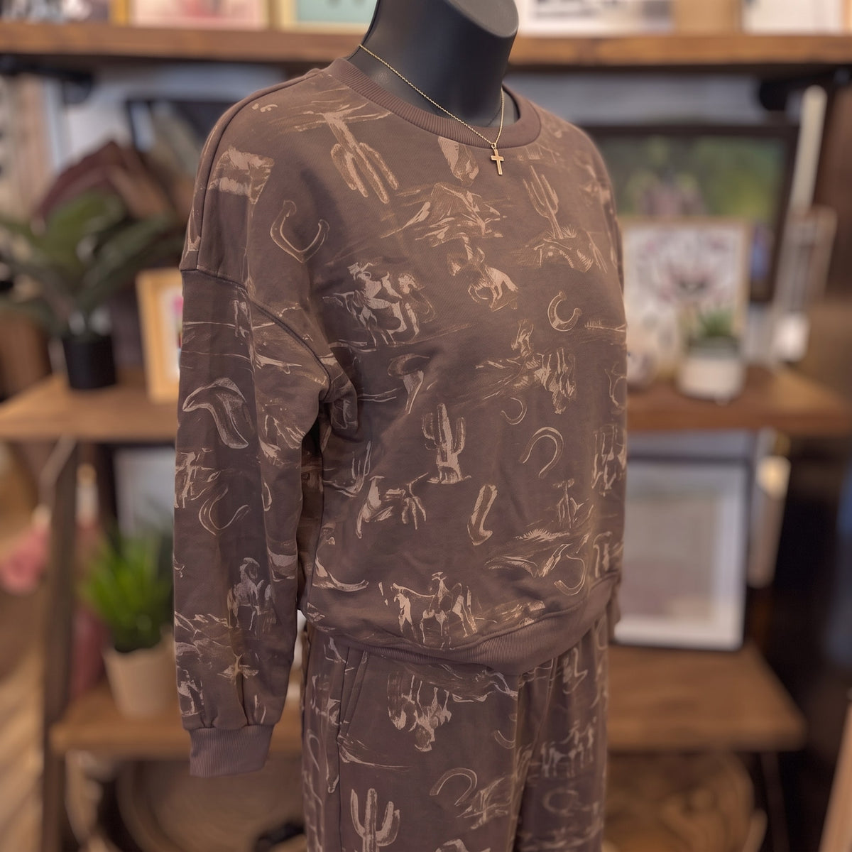 Western Print Crew Neck Long Sleeve Knit Top | Brown Multi — Angled view