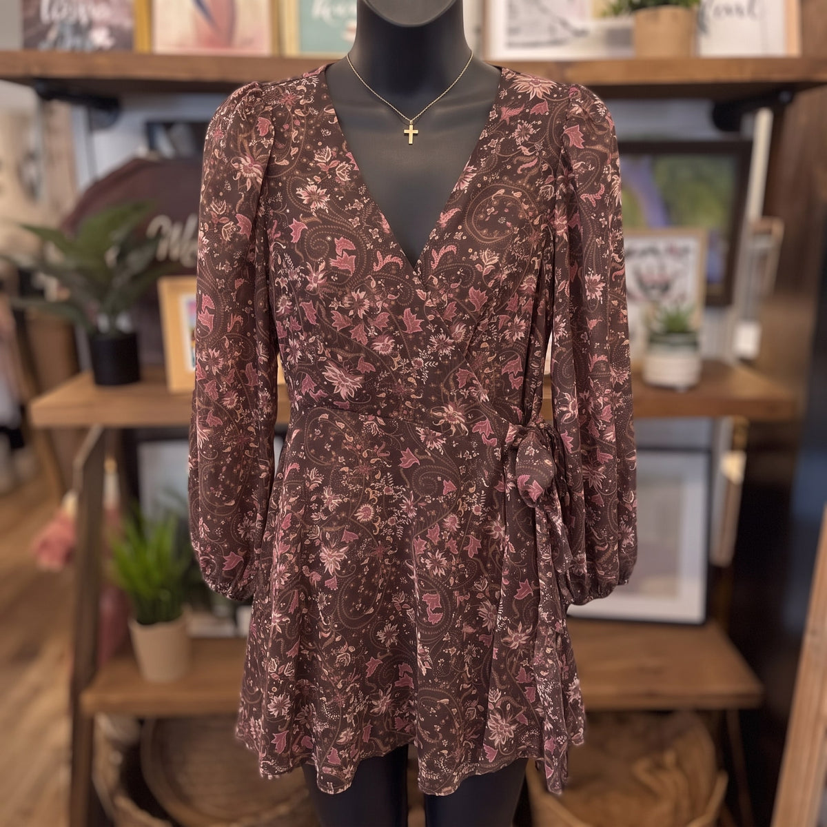 Floral Paisley Long Sleeve Wrap Mini Dress | Brown Multi — Front view on mannequin