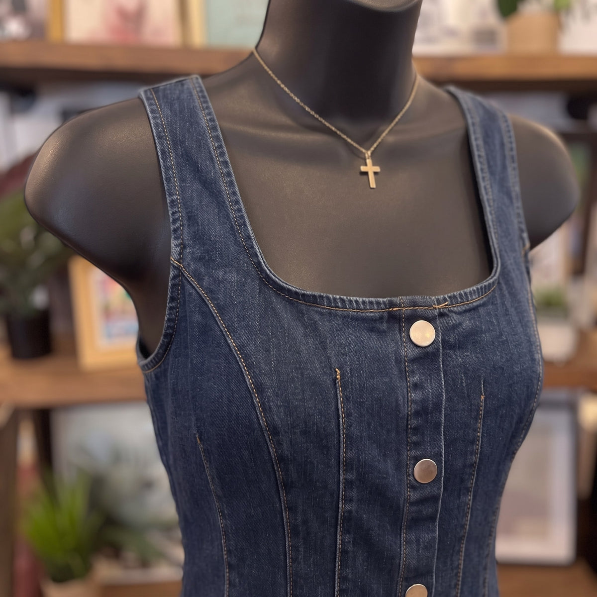 Button Down Seam Detail Denim Midi Dress | Denim — Fabric and detail close-up