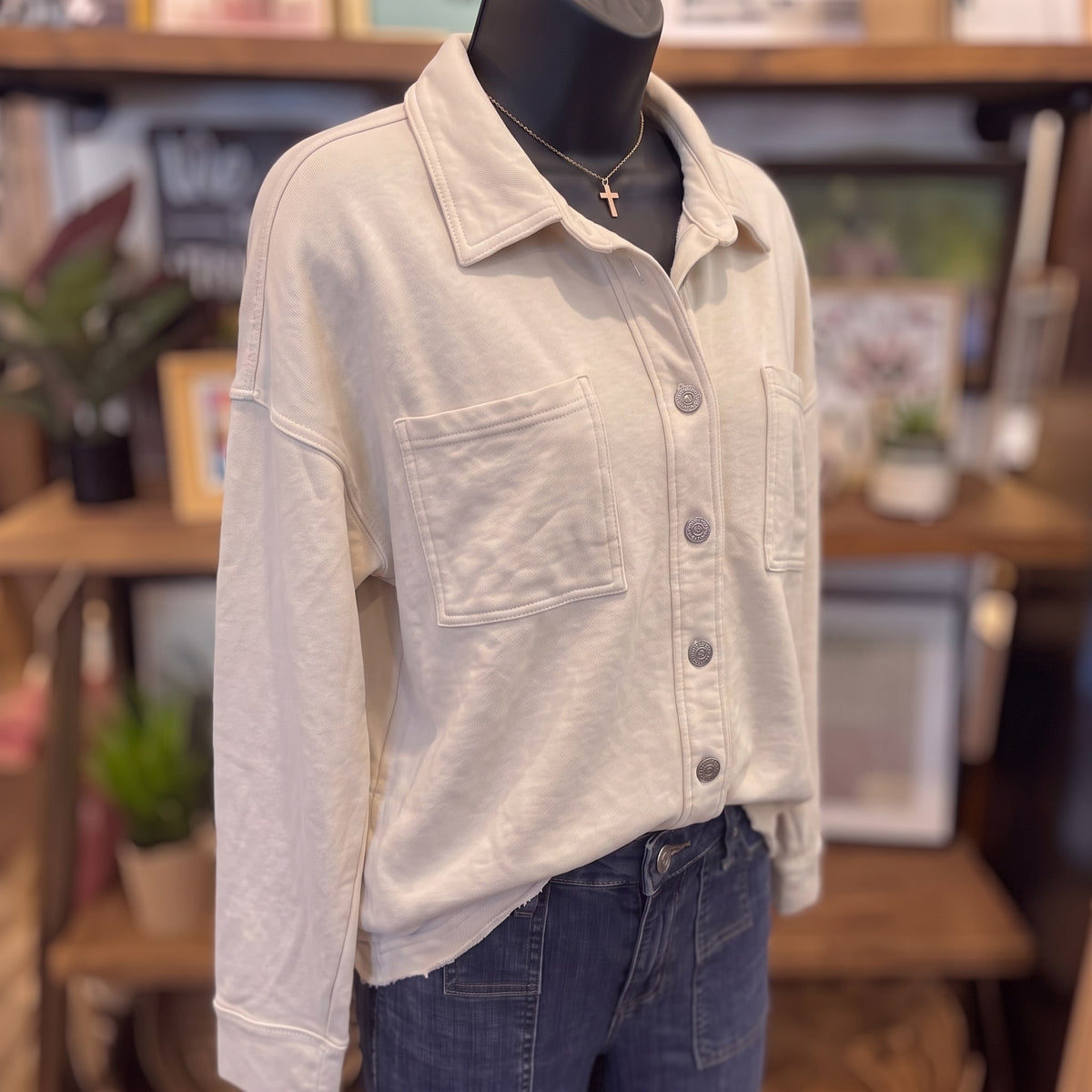 Be Cool Denim Look Shacket | Ecru — Angled view
