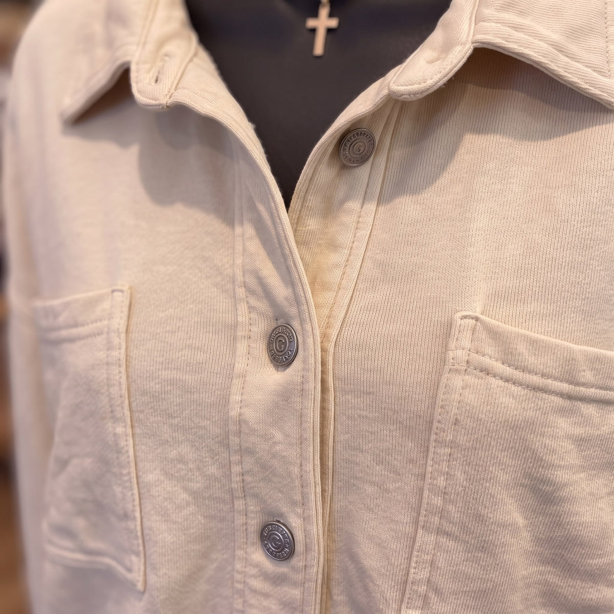 Be Cool Denim Look Shacket | Ecru — Detail close-up