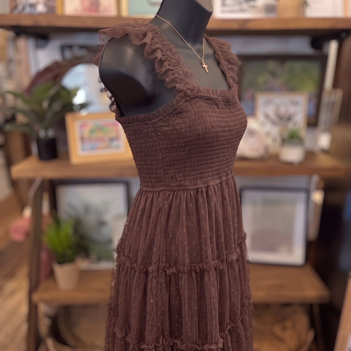 Polka Dot Tiered Midi Dress | Brown — Angled view