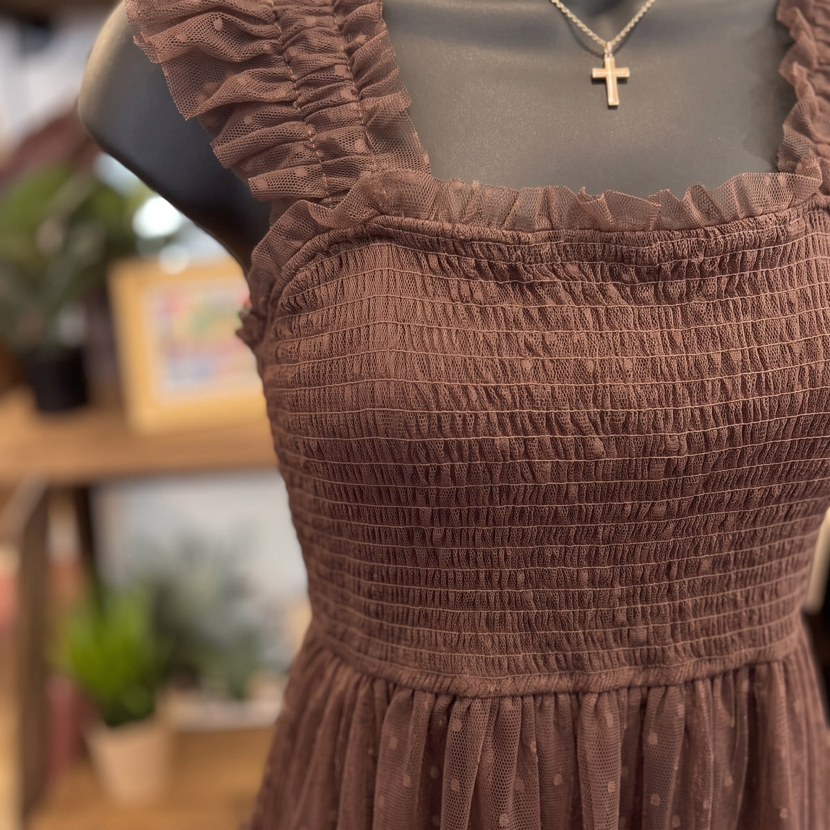 Polka Dot Tiered Midi Dress | Brown — Detail close-up