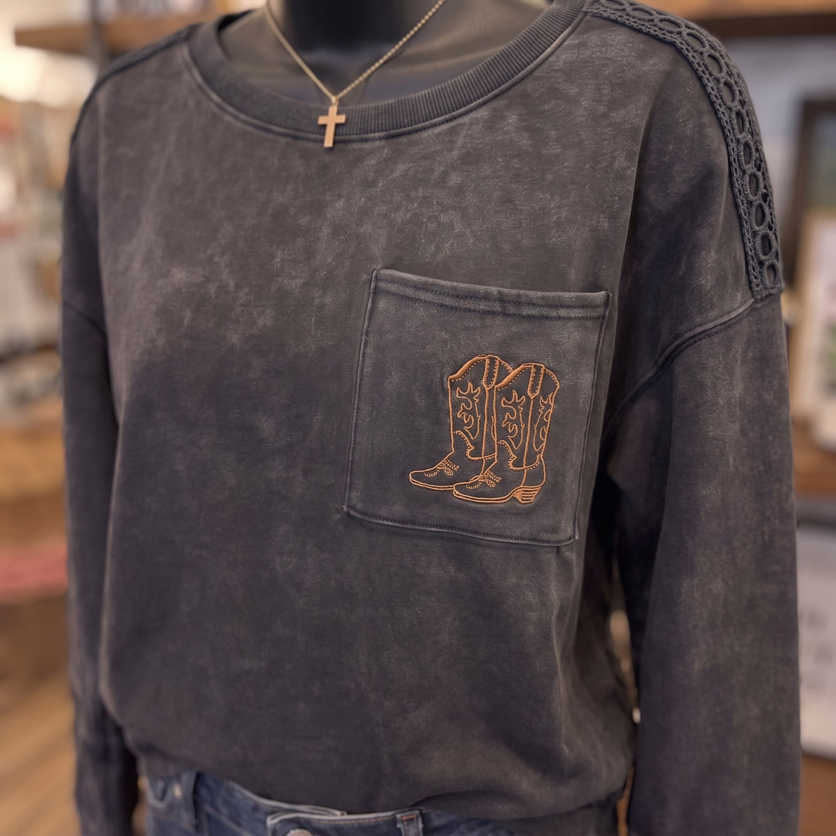 Mineral Washed Boot Long Sleeve Sweatshirt | Ash Black — Fabric and detail close-up