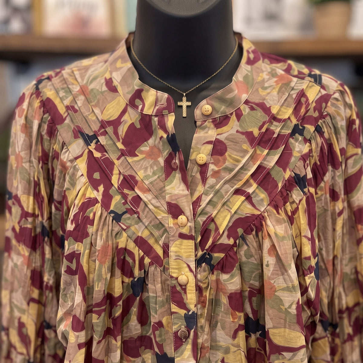 Button Down Botanical Printed Blouse | Wine Botanical — Fabric and detail close-up