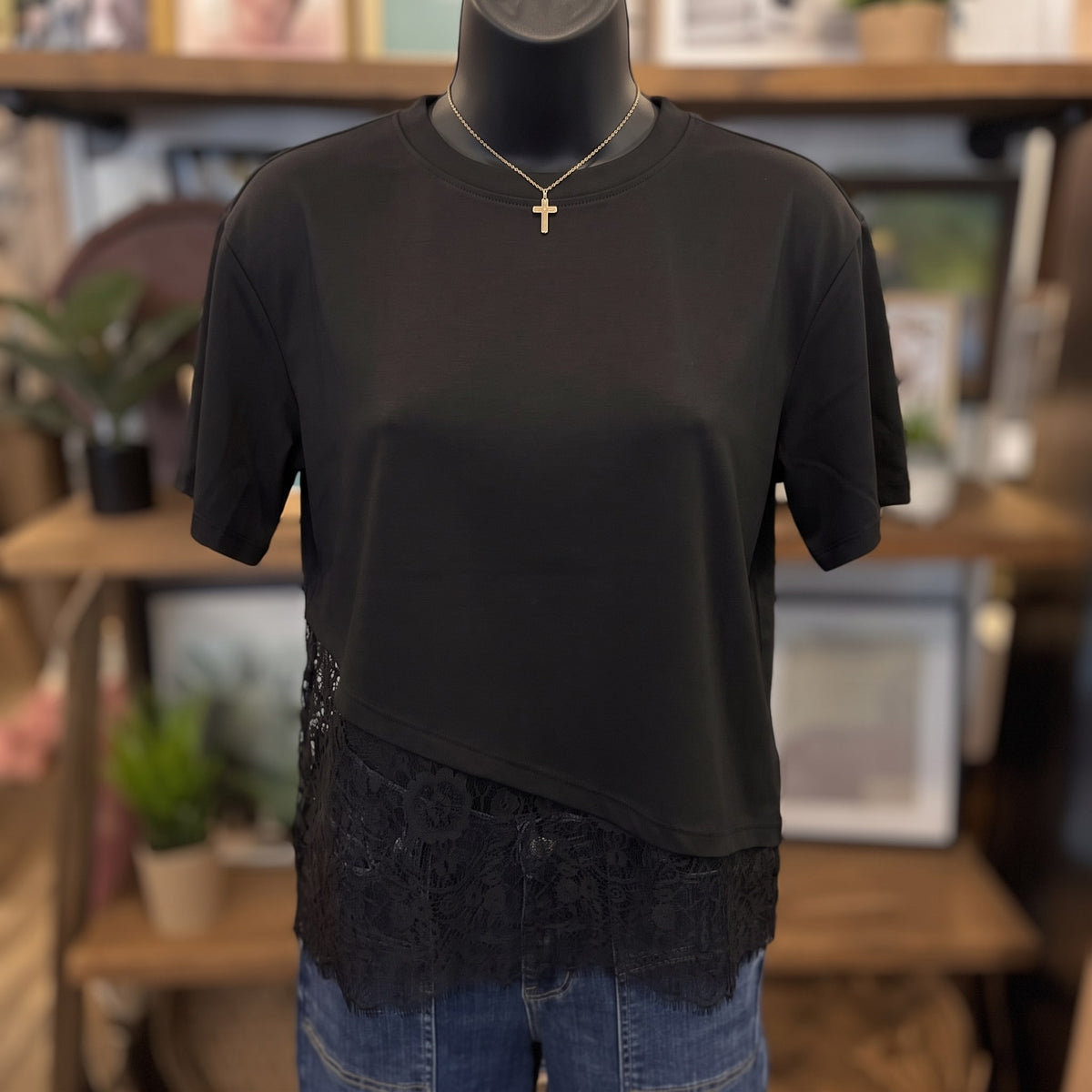 Floral Lace Trimmed Asymmetrical T-Shirt | Black — Front view on mannequin