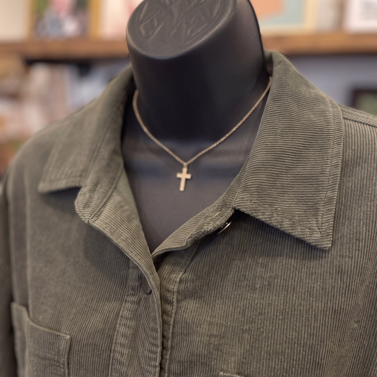 Be Cool Corduroy Rounded Hem Cropped Shacket | Hunter — Detail close-up