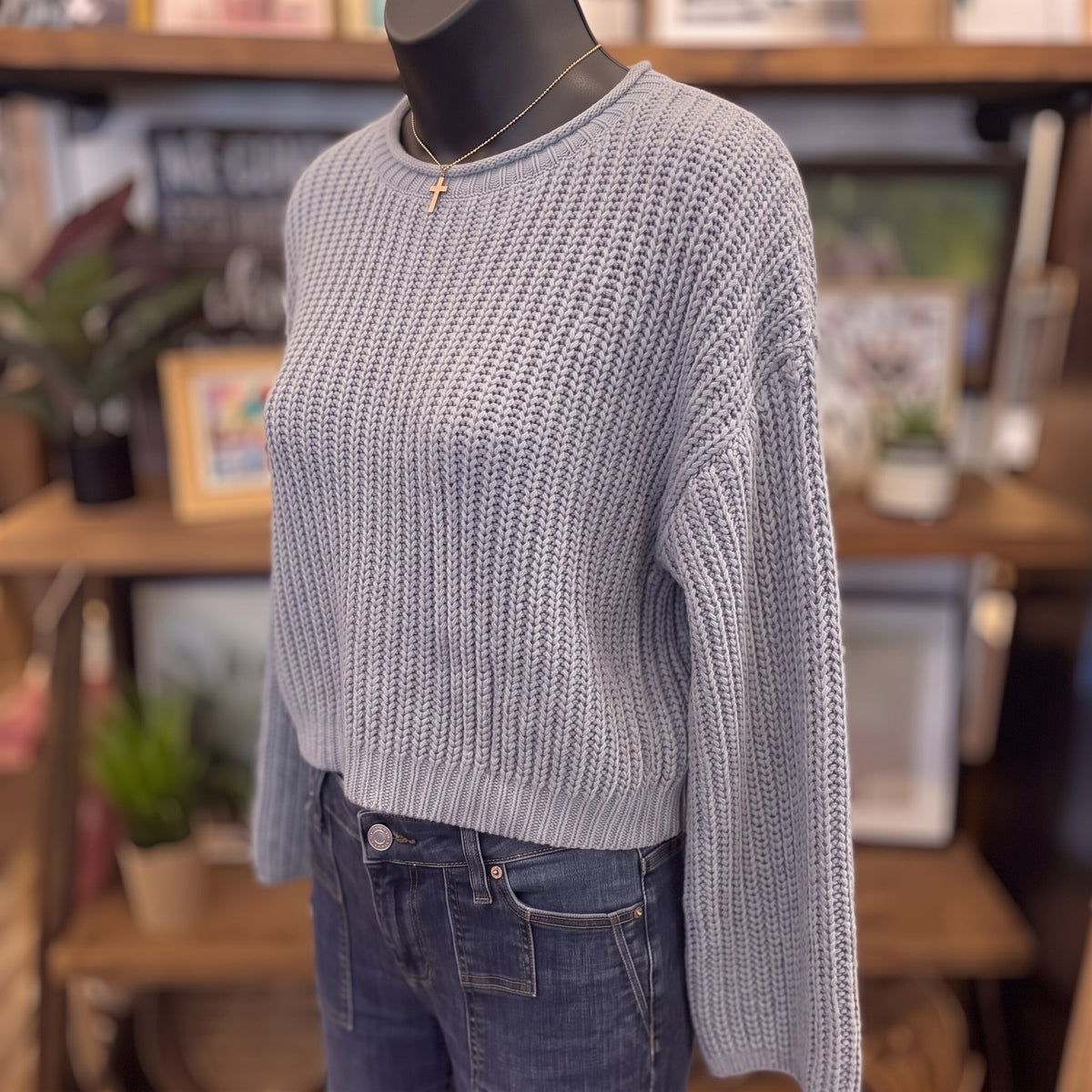 Roll Up Knit Sweater | Dusty Blue — Angled view