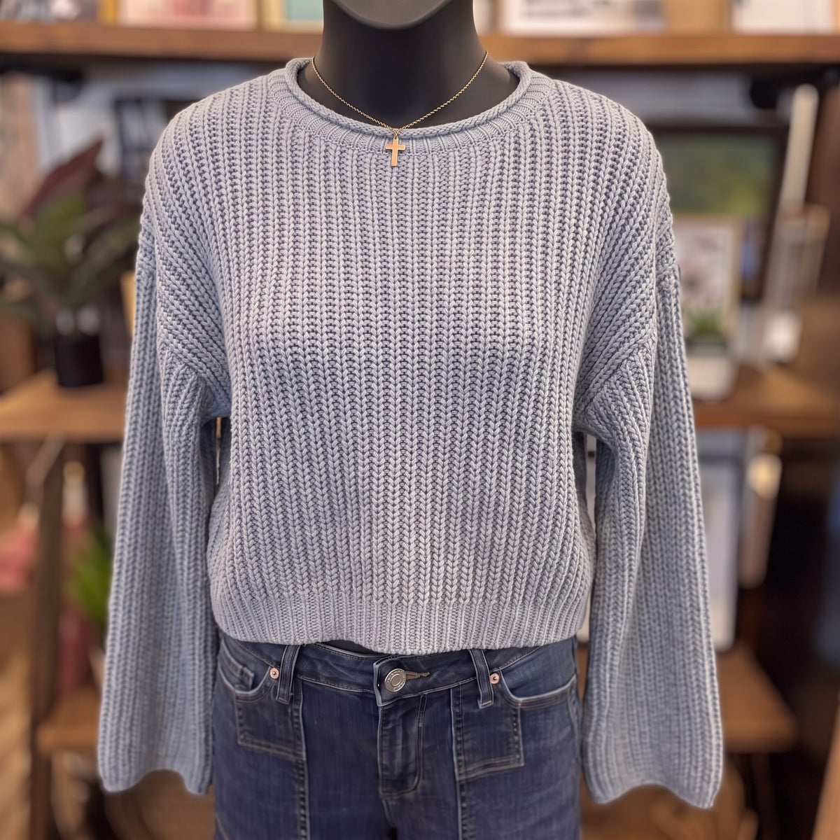 Roll Up Knit Sweater | Dusty Blue — Front view