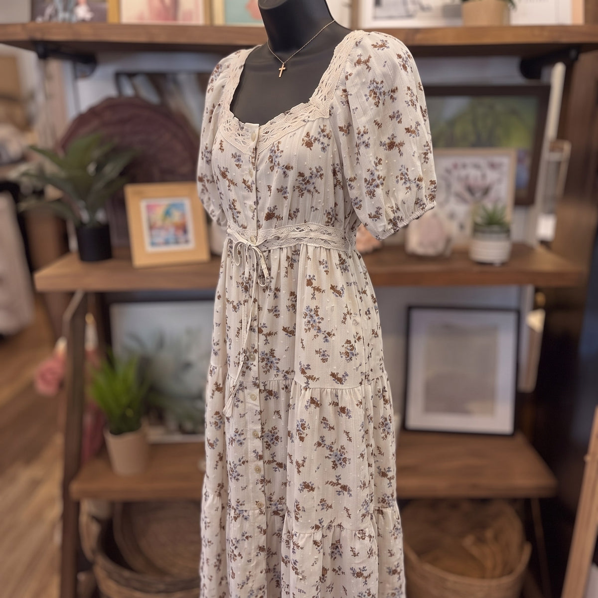 Floral Lace Midi Dress | Cream Multi — Angled view on mannequin