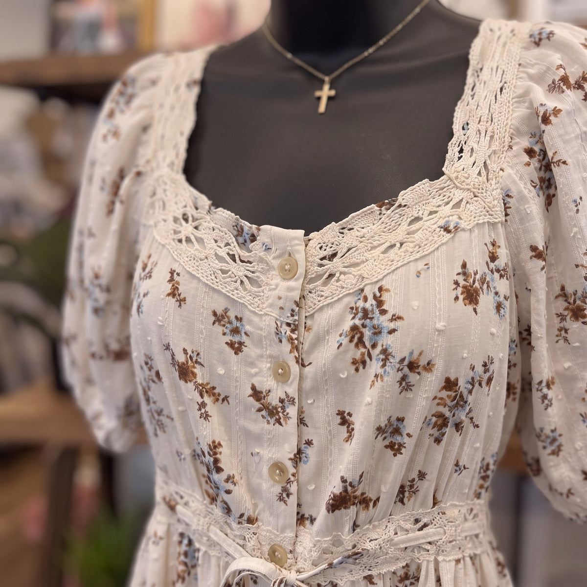 Floral Lace Midi Dress | Cream Multi — Fabric and detail close-up