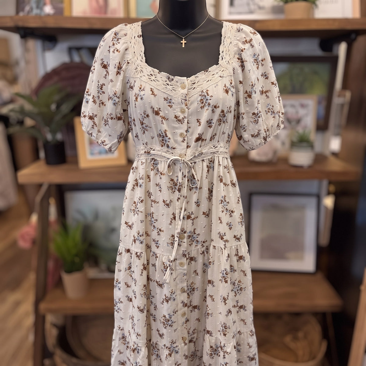 Floral Lace Midi Dress | Cream Multi — Front view on mannequin