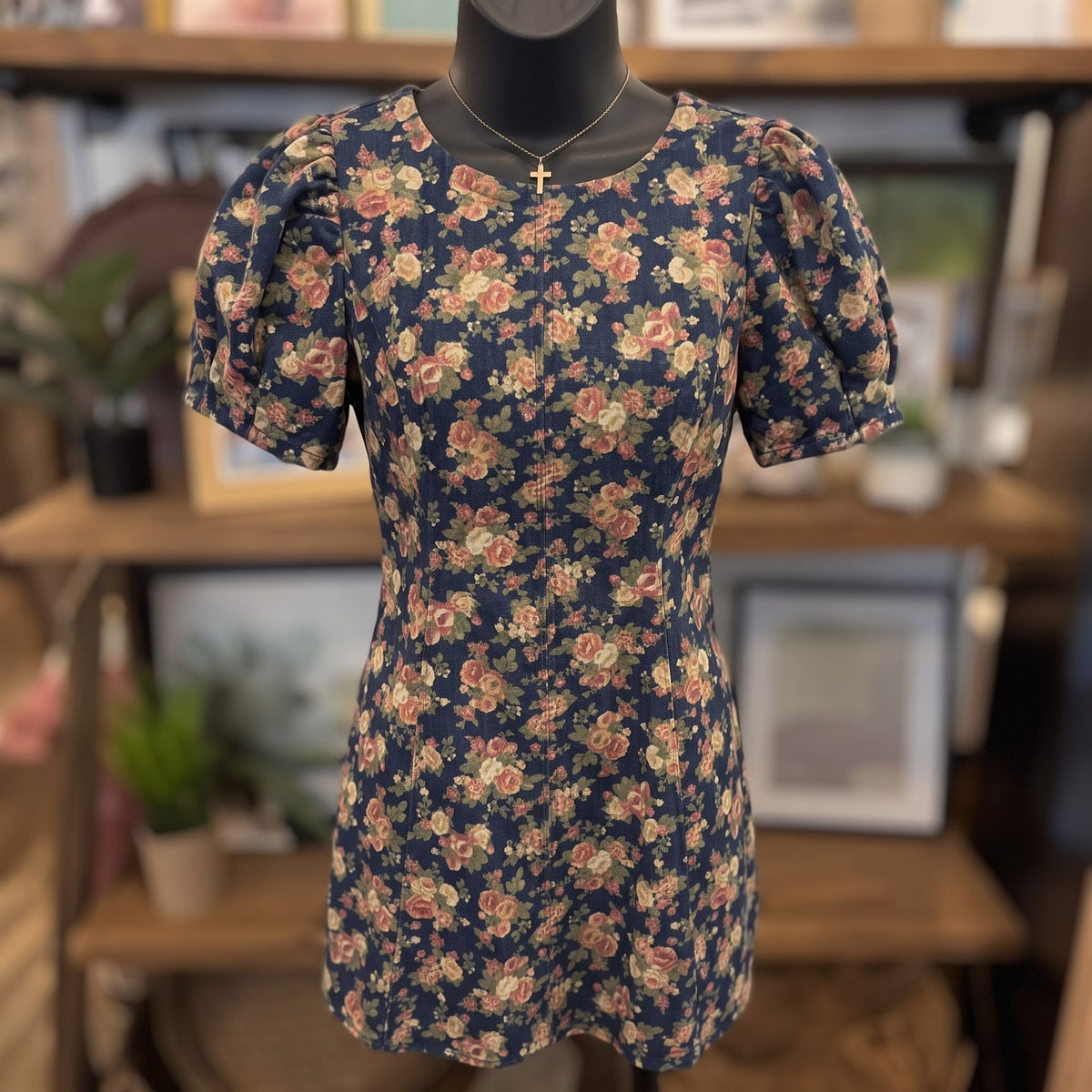 Floral Denim Mini Dress | Denim Multi — Front view on mannequin