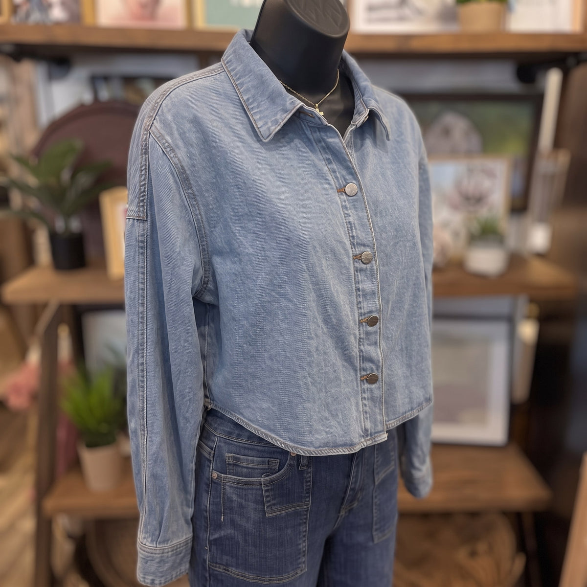 Basic Cropped Button-Down Shirt | Medium — Angled view on mannequin