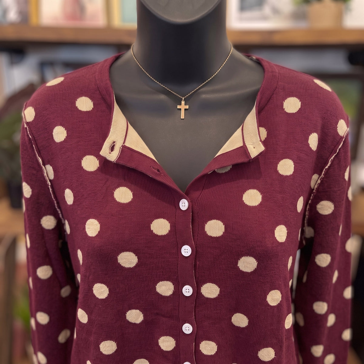 Reversible Polka Dot Sweater Cardigan | Merlot Oatmeal — Fabric and detail close-up