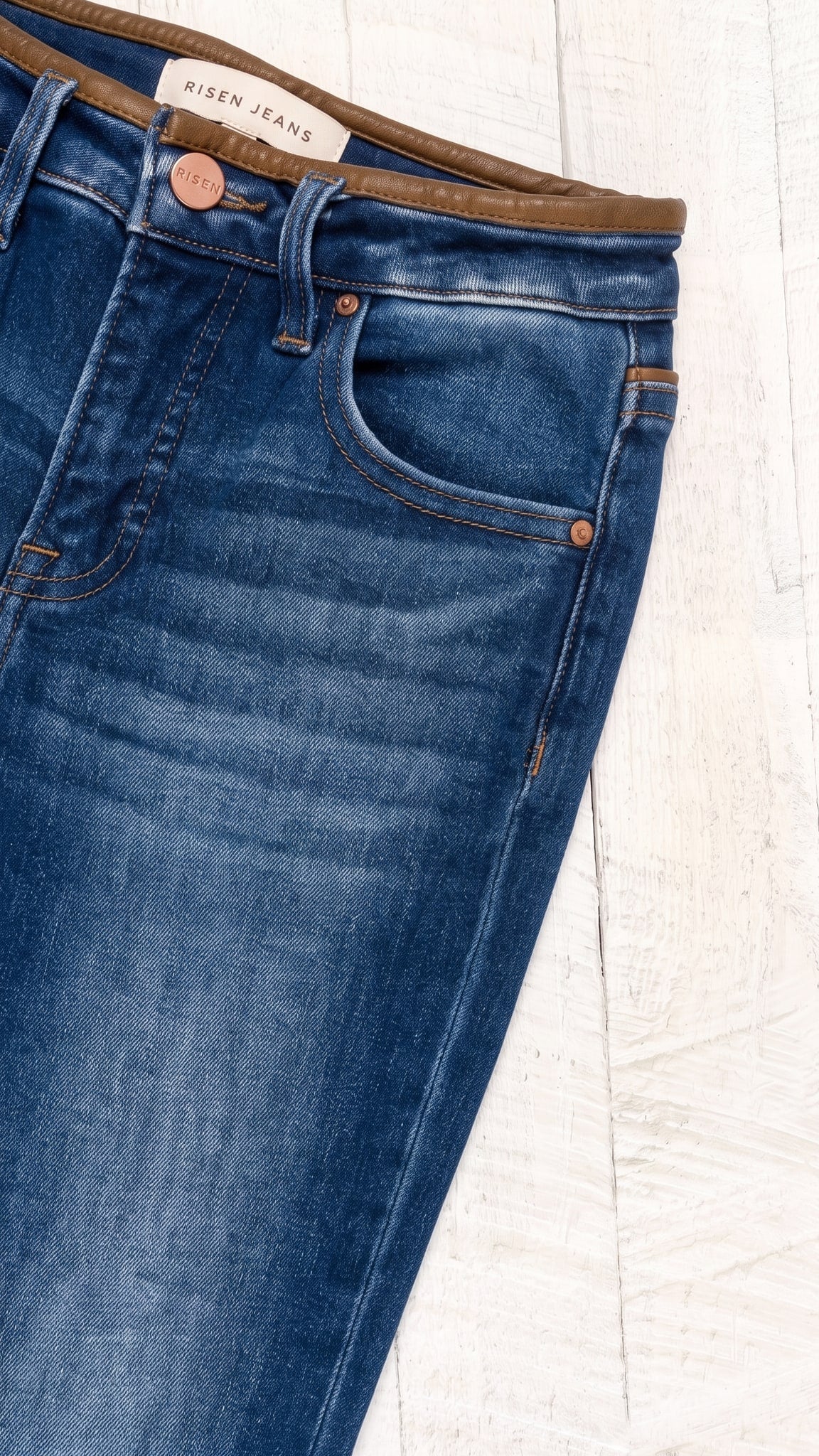 Risen Mid Rise Bootcut Jeans | Dark — Front pocket detail