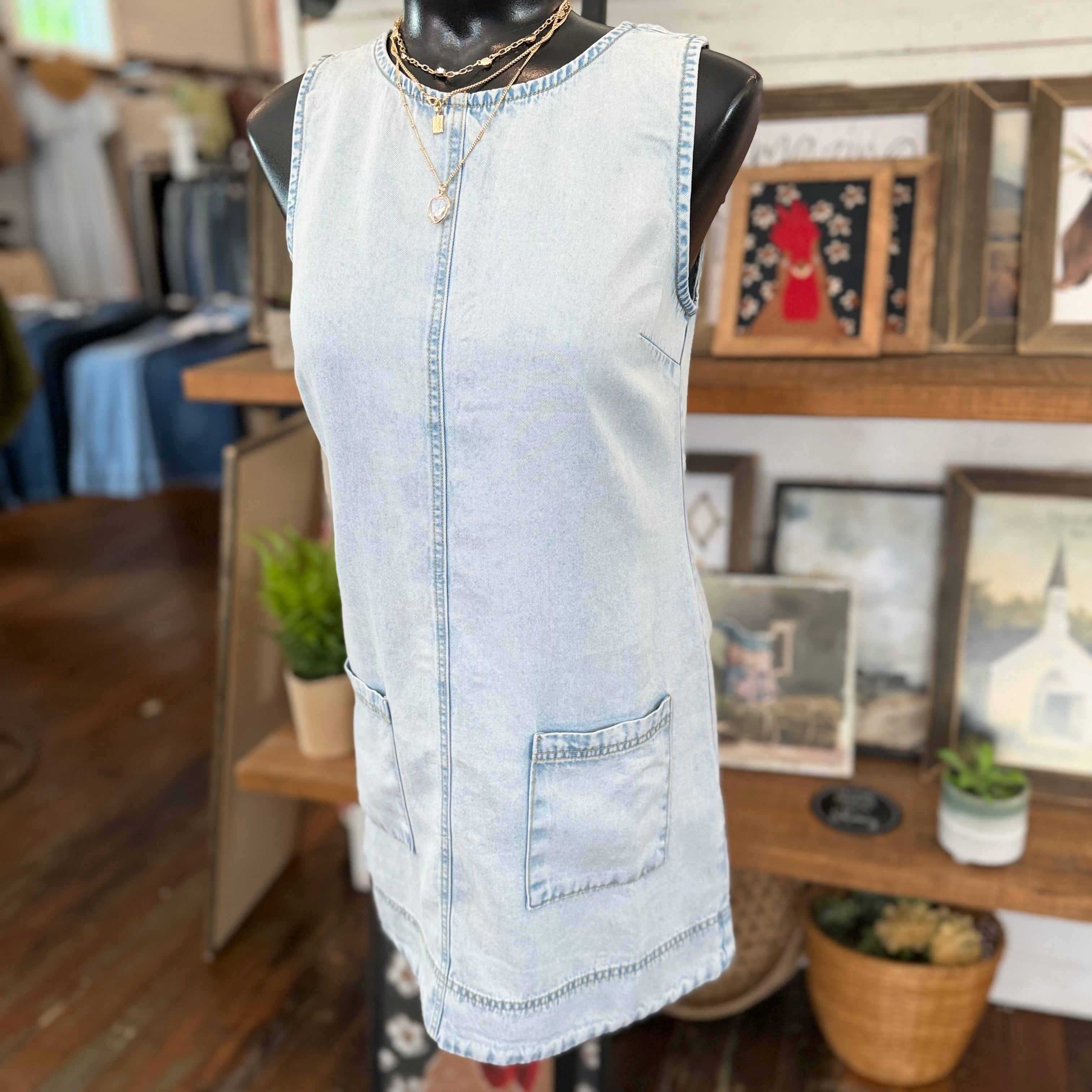 vintage denim dress Sleeveless Pocket Detail Washed Denim Mini Dress