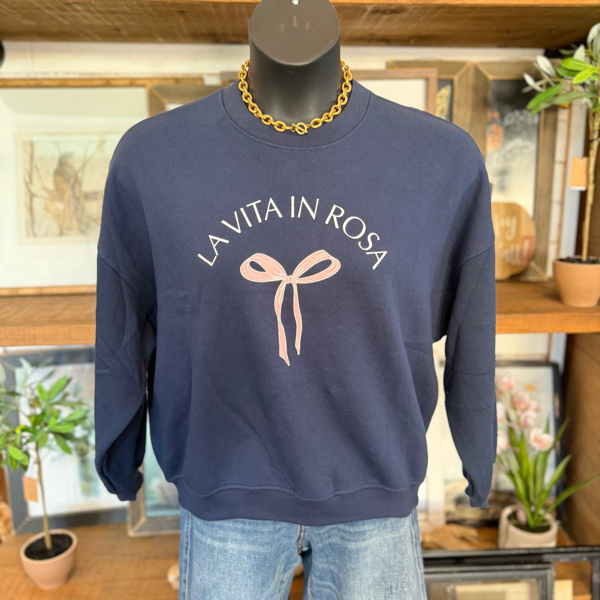 Bow Graphic Crew Neck Sweatshirt | Navy – Rachel